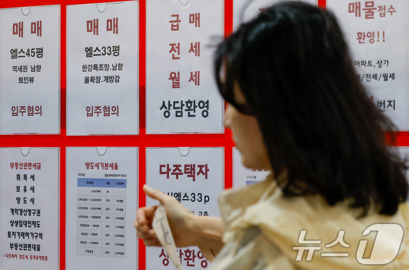 (서울=뉴스1) 안은나 기자 = 다주택자의 '관행적 대출 연장' 전면 중단 조치가 시행된 17일 서울 송파구의 한 공인중개사무소에 다주택자 세금 상담 안내 문구가 붙어있다.이날부터 …