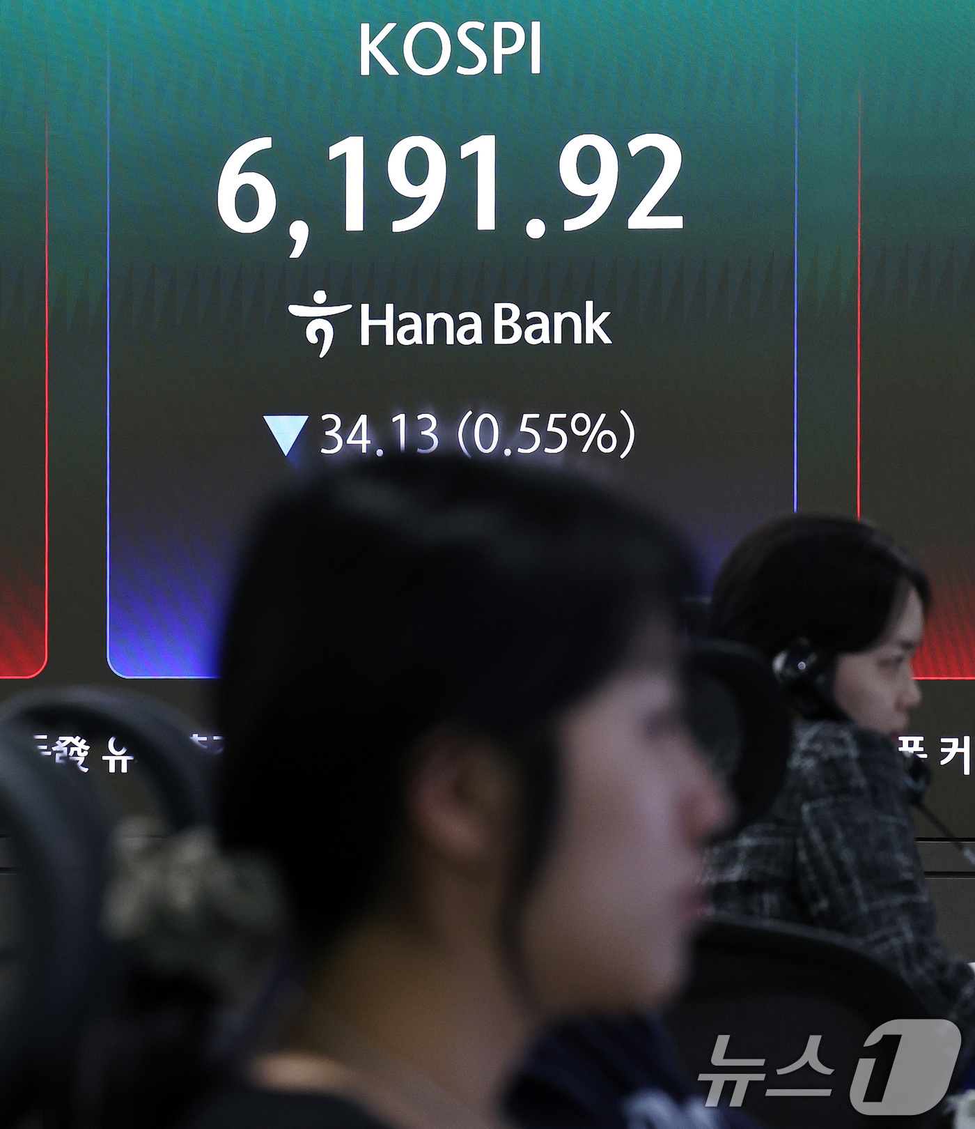 (서울=뉴스1) 구윤성 기자 = 17일 서울 중구 하나은행 본점 딜링룸 전광판에 코스피 지수가 전 거래일 대비 34.13포인트(0.55%) 내린 6,191.92를 나타내고 있다. …