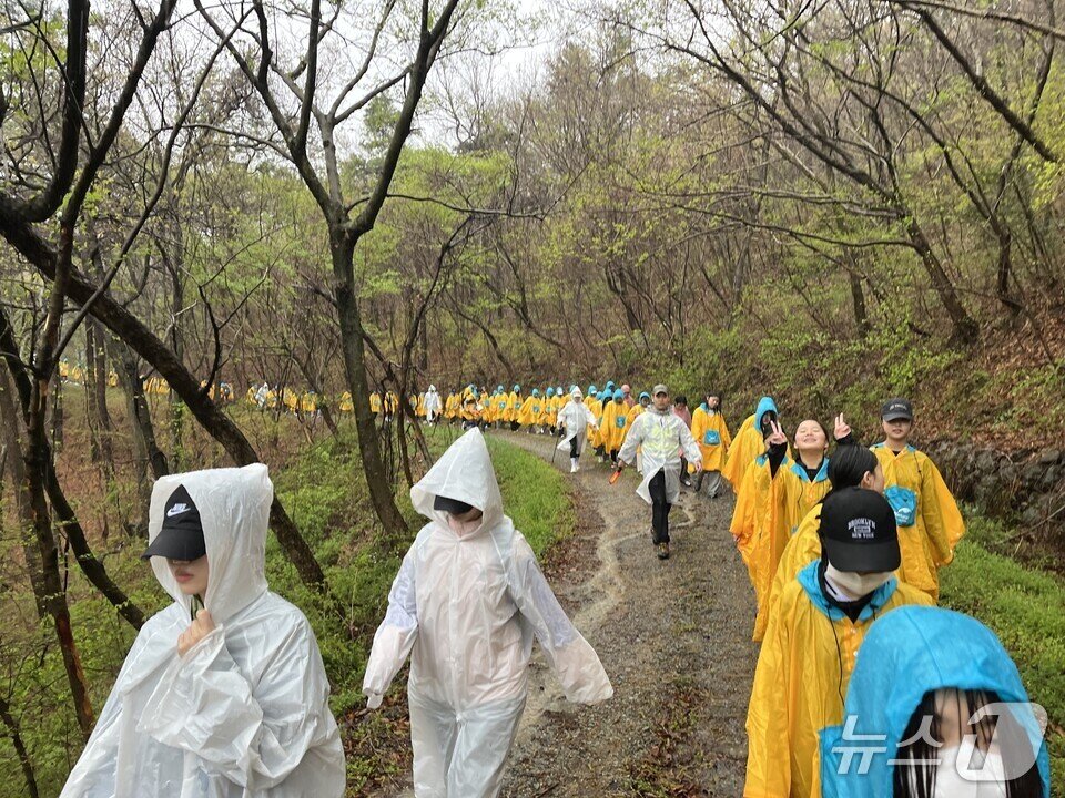 본문 이미지 - '남도길(다산 유배길) 걷기'에 학생들이 비옷을 입고 참여하고 있다.(전남교육청 제공, 재판매 및 DB금지)/뉴스1 
