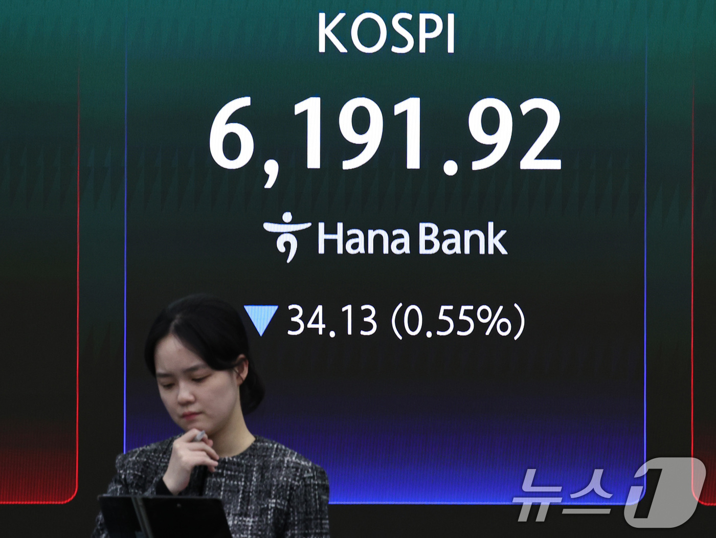 (서울=뉴스1) 구윤성 기자 = 17일 서울 중구 하나은행 본점 딜링룸 전광판에 코스피 지수가 전 거래일 대비 34.13포인트(0.55%) 내린 6,191.92를 나타내고 있다. …