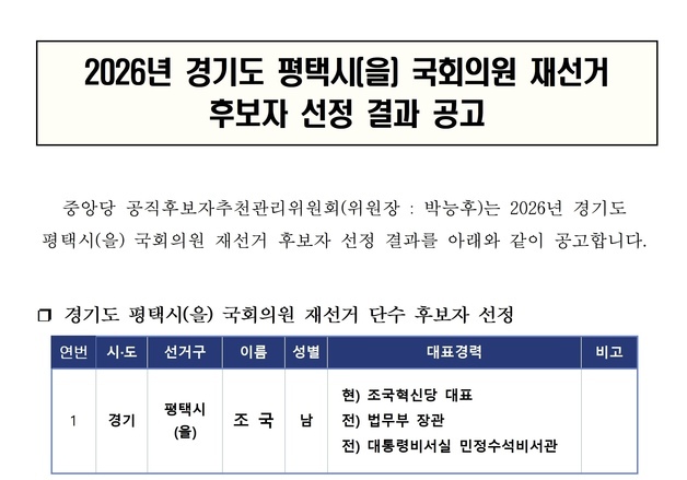 혁신당 공관위, '평택을' 국회의원 재선거 후보에 조국 대표 선정