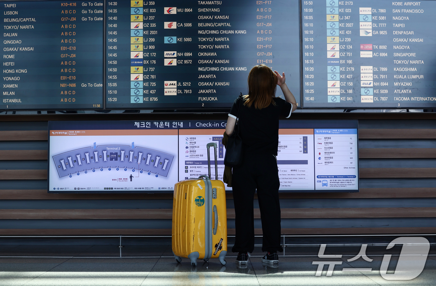 (인천공항=뉴스1) 김민지 기자 = 고유가 상황에서 여름철 성수기를 앞두고 여행 수요가 전반적으로 줄고 있는 가운데 19일 오후 인천국제공항에서 한 시민이 항공편을 보고 있다.여행 …