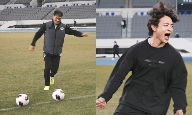 "승부욕의 원천" 민호, 원조 '불꽃 카리스마' 父 최윤겸 감독과 슈팅 대결