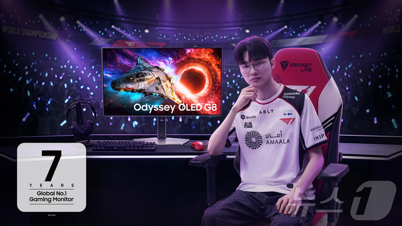 (서울=뉴스1) = 삼성전자는 자사의 게이밍 모니터가 2019년부터 7년 연속 글로벌 1위를 차지했다고 2일 밝혔다. 사진은 T1 선수단 소속 '페이커'가 삼성전자 게이밍 모니터를 …