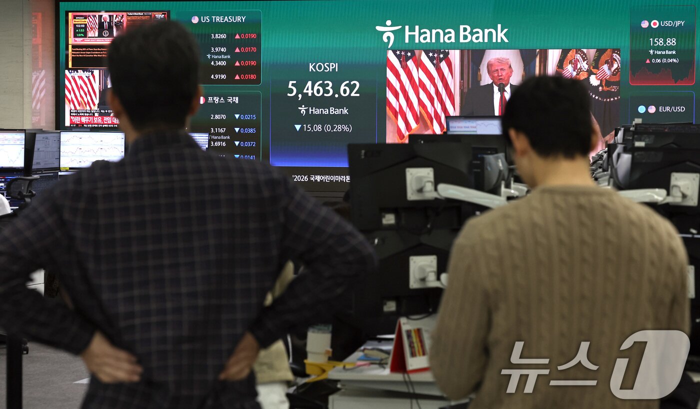 본문 이미지 - 2일 오전 서울 중구 하나은행 딜링룸에서 직원들이 도널드 트럼프 미국 대통령의 중동사태 관련 대국민 연설 생중계를 시청하고 있다. 이날 상승 출발한 코스피는 트럼프 대통령 발언 이후 하락 전환했다. 2026.4.2 ⓒ 뉴스1 구윤성 기자