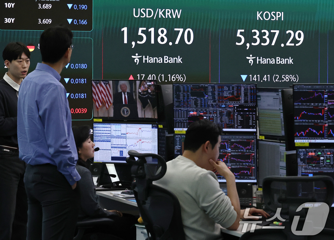 (서울=뉴스1) 구윤성 기자 = 2일 오전 서울 중구 하나은행 딜링룸에서 직원들이 도널드 트럼프 미국 대통령의 이란 관련 대국민 연설 생중계 뉴스를 시청하고 있다. 이날 상승 출발 …