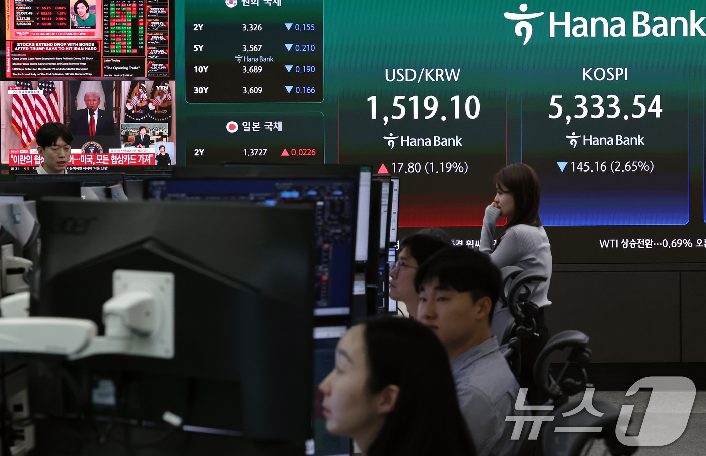 (서울=뉴스1) 구윤성 기자 = 2일 오전 서울 중구 하나은행 딜링룸에 코스피 지수와 함께 도널드 트럼프의 중동사태 관련 대국민 연설 생중계 화면이 송출되고 있다.  2026.4. …