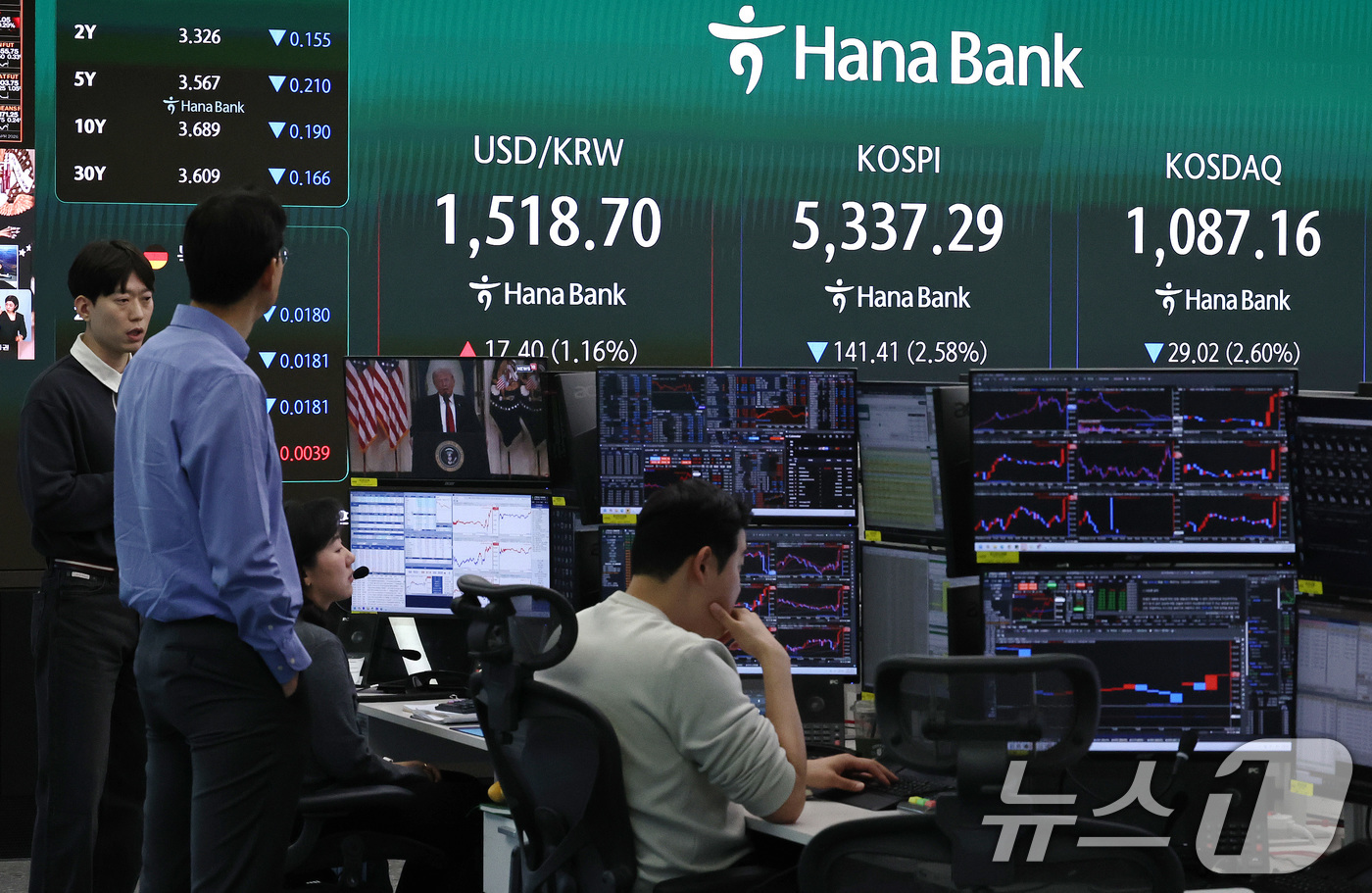 (서울=뉴스1) 구윤성 기자 = 2일 오전 서울 중구 하나은행 딜링룸에서 직원들이 도널드 트럼프 미국 대통령의 이란 관련 대국민 연설 생중계 뉴스를 시청하고 있다. 이날 상승 출발 …