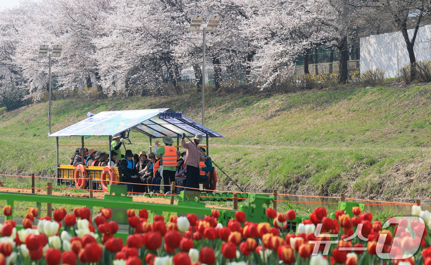 (서울=뉴스1) 임세영 기자 = 2일 오전 서울 서초구 양재천에서 열린 '양재천 천천투어 어르신 하루여행'에 참가한 어르신들이 도심 속 이색 뗏목 체험을 하고 있다.서초구는 4월부 …
