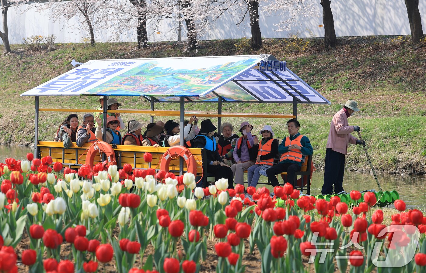 본문 이미지 - 2일 오전 서울 서초구 양재천에서 열린 '양재천 천천투어 어르신 하루여행'에 참가한 어르신들이 도심 속 이색 뗏목 체험을 하고 있다.  2026.4.2 ⓒ 뉴스1 임세영 기자