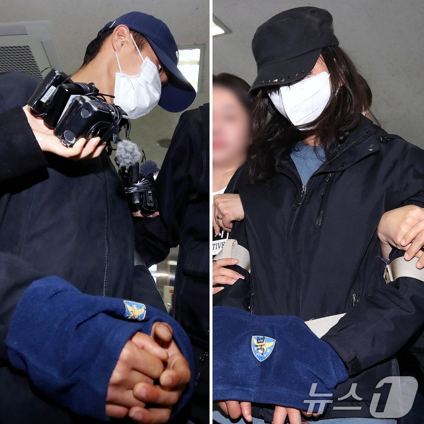 본문 이미지 - 50대 장모를 살해하고 여행용 가방(캐리어)에 담아 대구 북구 신천 잠수교 인근에 버린 혐의(존속살해 등)를 받는 20대 사위(왼쪽)와 시체유기 등 범행에 가담한 20대 딸이 2일 오전 구속 전 피의자 심문(영장실질심사)을 받기 위해 대구지방법원에 도착하고 있다. (*모자이크 유무는 각사 판단에 따라 처리 바랍니다.)2026.4.2 ⓒ 뉴스1 공정식 기자