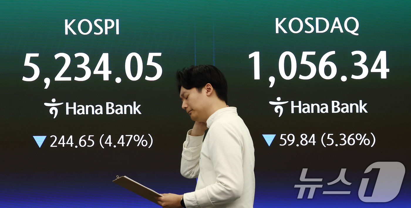 (서울=뉴스1) 김민지 기자 = 코스피·코스닥 지수가 급락하면서 매도 사이드카(프로그램 매도호가 일시 효력 정지)가 발동된 2일 오후 서울 중구 하나은행 딜링룸에 코스피, 코스닥 …