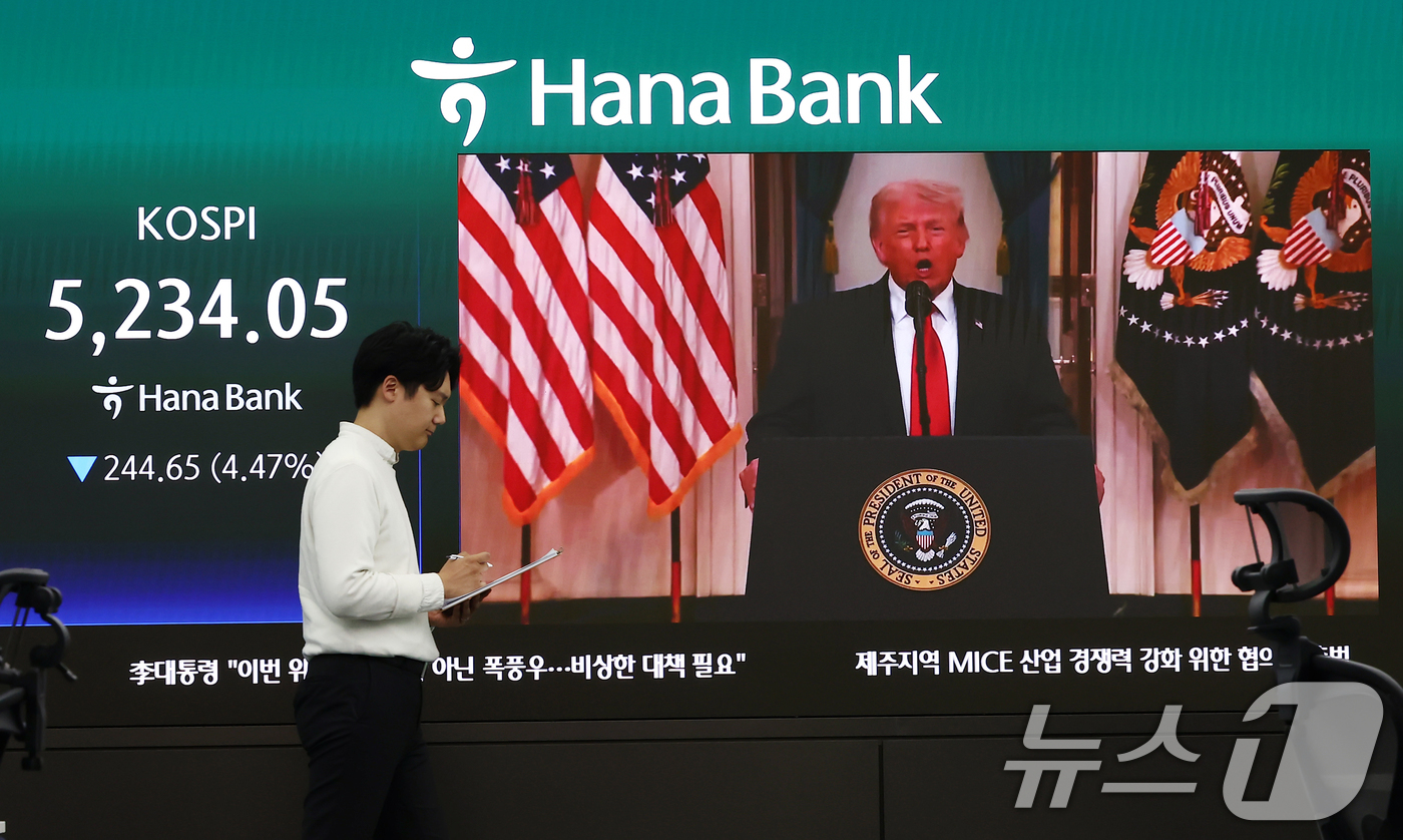 (서울=뉴스1) 김민지 기자 = 코스피·코스닥 지수가 급락하면서 매도 사이드카(프로그램 매도호가 일시 효력 정지)가 발동된 2일 오후 서울 중구 하나은행 딜링룸에 종가가 나오고 있 …