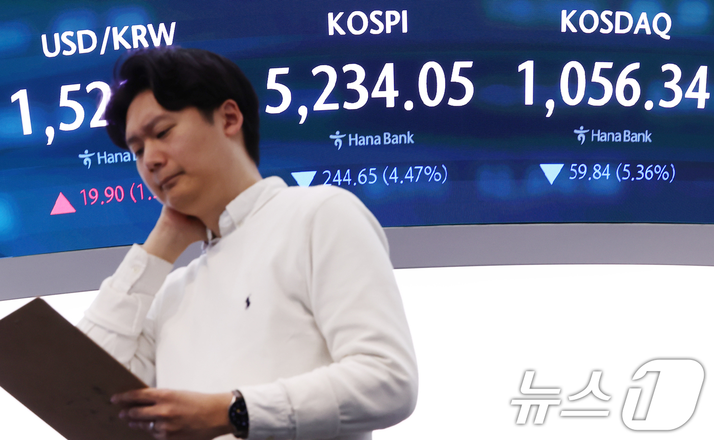 (서울=뉴스1) 김민지 기자 = 코스피·코스닥 지수가 급락하면서 매도 사이드카(프로그램 매도호가 일시 효력 정지)가 발동된 2일 오후 서울 중구 하나은행 딜링룸에 종가가 나오고 있 …