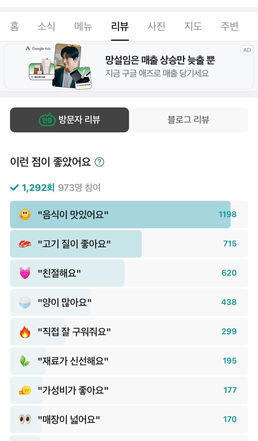 본문 이미지 - 현재 키워드와 이미지·텍스트 기반으로 운영 중인 네이버 플레이스 리뷰 (네이버 플레이스 리뷰 화면 갈무리)