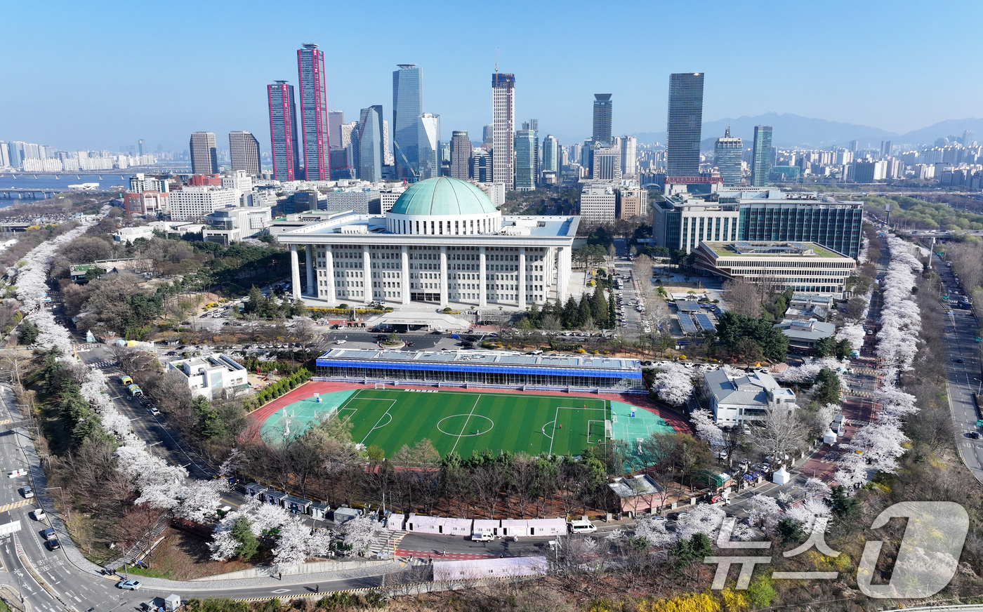 (서울=뉴스1) 최지환 기자 = '여의도 봄꽃축제'를 하루 앞둔 2일 서울 여의도 윤중로에 벚꽃이 만개해 있다. 2026.4.2/뉴스1