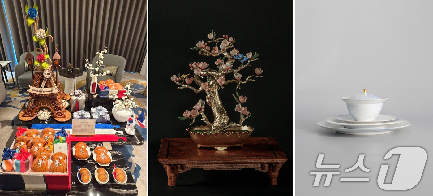 (서울=뉴스1) 허경 기자 = 청와대는 2일 이재명 대통령 부부가 에마뉘엘 마크롱 프랑스 대통령 부부를 위해 준비한 선물을 공개했다.숙소에는 에펠탑 모양의 공예 작품, 프랑스 국기 …