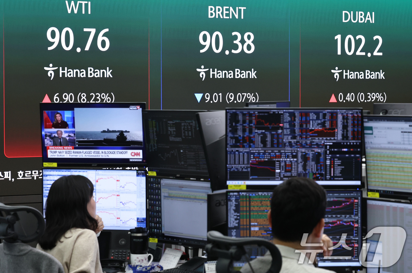 (서울=뉴스1) 구윤성 기자 = 20일 오전 서울 중구 하나은행 딜링룸 현황판에 중동사태 관련 뉴스와 함께 국제유가가 표시되고 있다. 2026.4.20/뉴스1