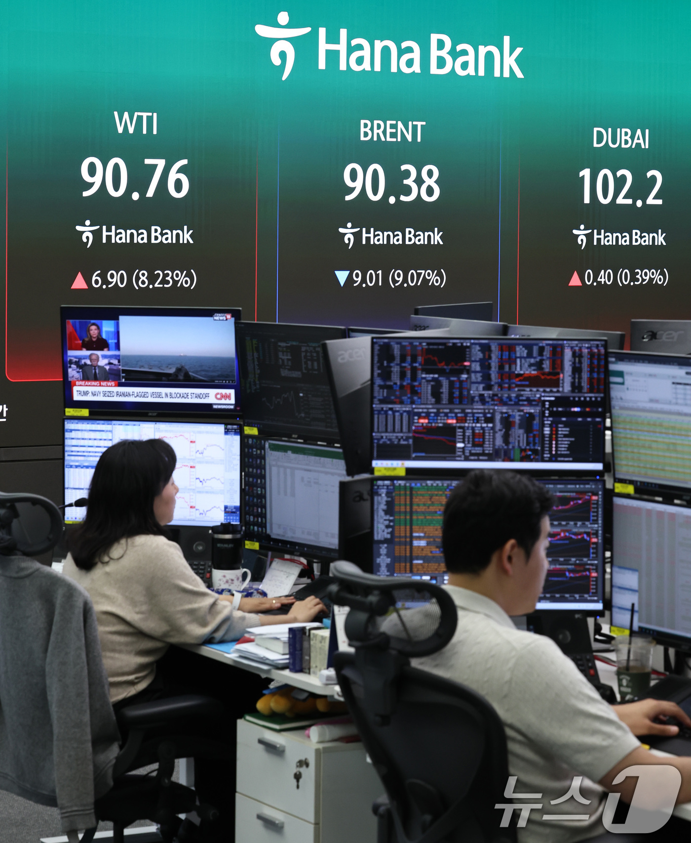 (서울=뉴스1) 구윤성 기자 = 20일 오전 서울 중구 하나은행 딜링룸 현황판에 중동사태 관련 뉴스와 함께 국제유가가 표시되고 있다. 2026.4.20/뉴스1
