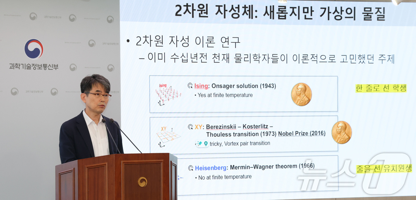 (세종=뉴스1) 김기남 기자 = 박제근 서울대 물리천문학부 교수가 지난 20일 세종시 정부세종청사 과학기술정보통신부에서 2차원 자성 반데르발스 물질을 구현하고, 실험을 통해 입증하 …