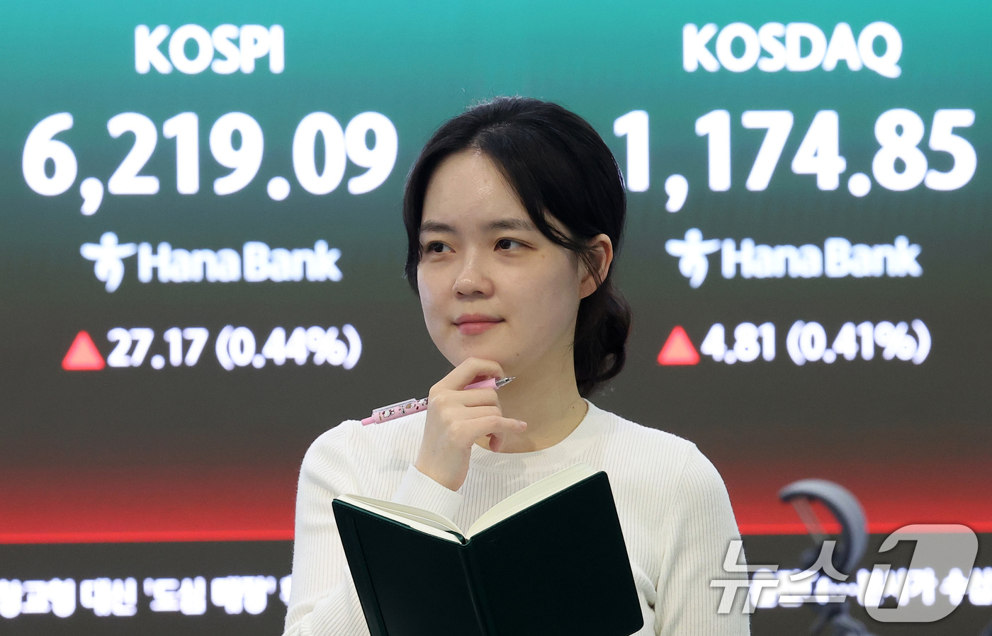 (서울=뉴스1) 김성진 기자 = 코스피가 6200선을 회복한 20일 서울 중구 하나은행 본점 딜링룸에 종가가 표시되고 있다.이날 코스피는 전일 종가와 비교해 27.17포인트(0.4 …