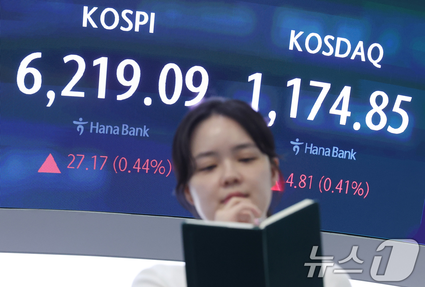 (서울=뉴스1) 김성진 기자 = 코스피가 6200선을 회복한 20일 서울 중구 하나은행 본점 딜링룸에 종가가 표시되고 있다.이날 코스피는 전일 종가와 비교해 27.17포인트(0.4 …