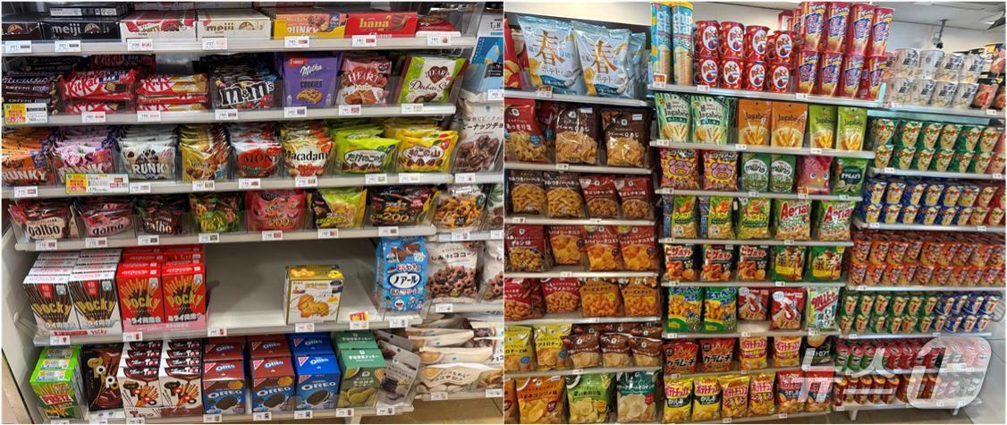 본문 이미지 - 일본 도쿄 미나토구에 있는 편의점 패밀리마트의 과자 매대 모습. 킷캣(왼쪽사진 상단)과 프링글스(오른쪽사진 하단)가 있다. 2026.4.15 ⓒ 뉴스1 황두현 기자