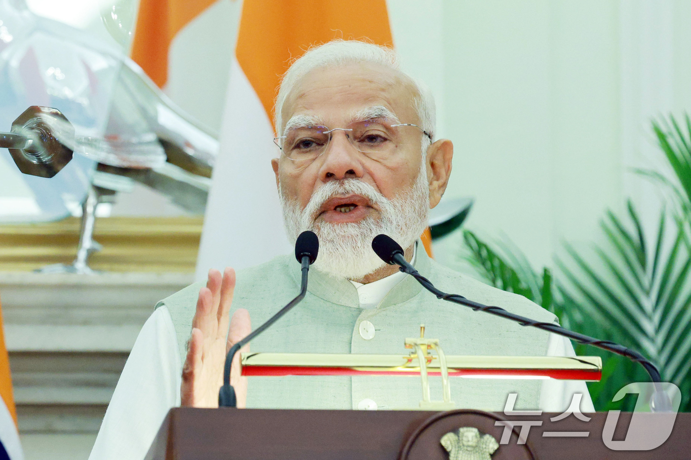 (뉴델리(인도)=뉴스1) 이재명 기자 = 나렌드라 모디 인도 총리가 20일 뉴델리 영빈관에서 열린 한-인도 정상 공동언론발표에서 발언을 하고 있다. 2026.4.20/뉴스1