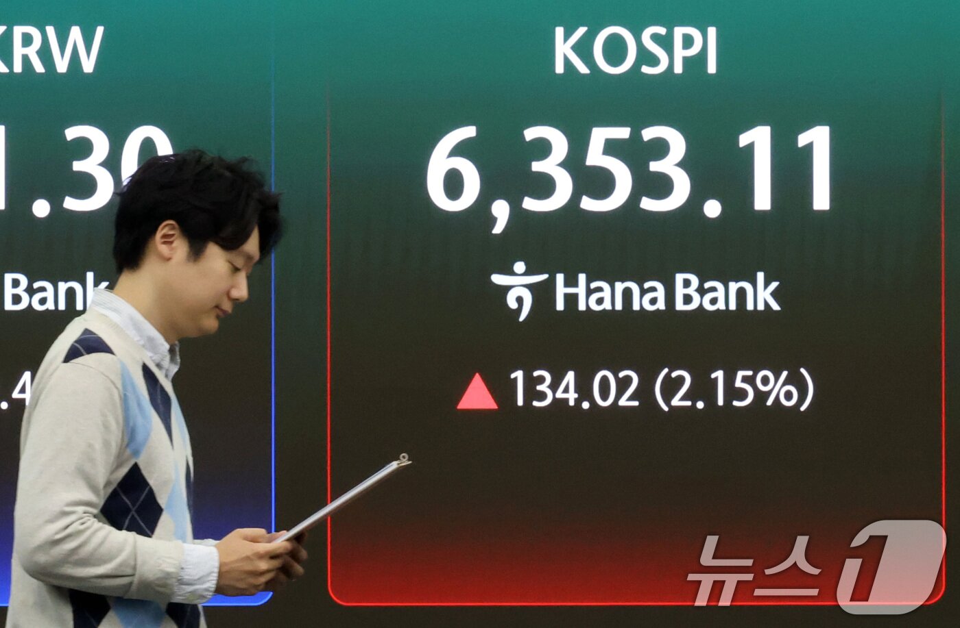 본문 이미지 - 코스피가 장중 사상 최고치를 경신한 21일 오전 서울 중구 하나은행 본점 딜링룸 현황판에 전장대비 134.02포인트(2.15%) 상승한 6,353.11을 나타내고 있다. 2026.4.21 ⓒ 뉴스1 이광호 기자