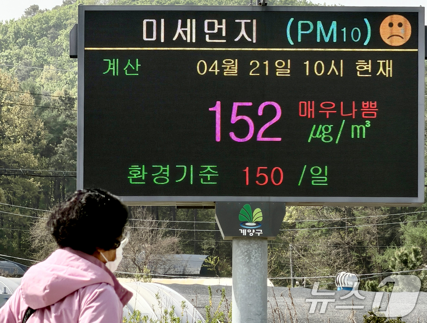 (인천=뉴스1) 이호윤 기자 = 북서풍을 타고 유입된 황사가 전국 대부분 지역에 영향을 끼치는 21일 인천 계양구 계양역 앞 전광판에 미세먼지 농도가 '매우 나쁨'으로 표시되고 있 …