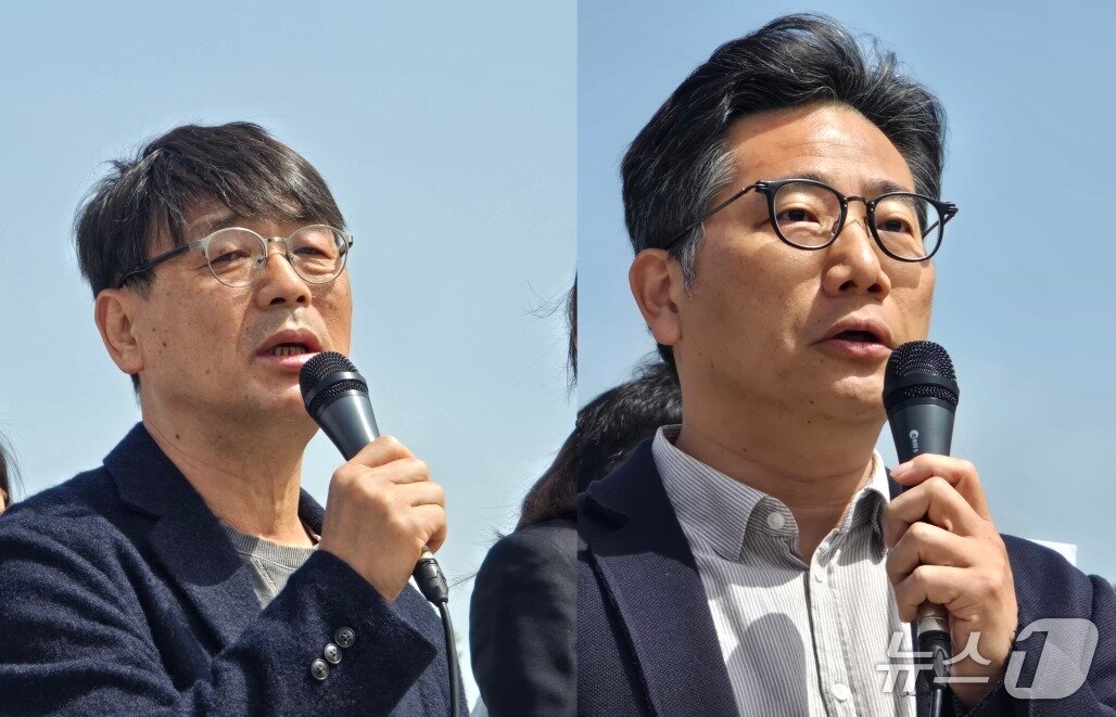 본문 이미지 - 송경동 한국작가회의 사무총장(왼쪽)과 이원재 문화연대 집행위원장. 송경동 총장은 "최소한의 전문성과 사회적 신뢰를 갖춘 인사라면 이해할 수 있겠지만 낙하산 인사를 하는 것은 납득하기 어렵다"고 말했다. 이원재 위원장은 "인사는 메시지이고 정책인데, 전혀 엉뚱한 인사를 해 놓고 능력이 있으니 괜찮다고 말하는 것은 결과론일 뿐"이라고 말했다.