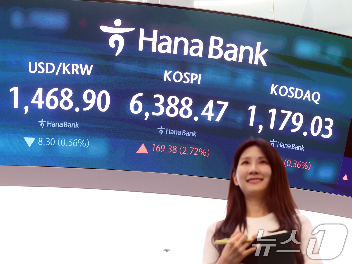 본문 이미지 - 코스피 종가가 사상 최고치를 경신한 21일 오후 서울 중구 하나은행 딜링룸 현황판에 종가가 표시되고 있다. 2026.4.21 ⓒ 뉴스1 황기선 기자
