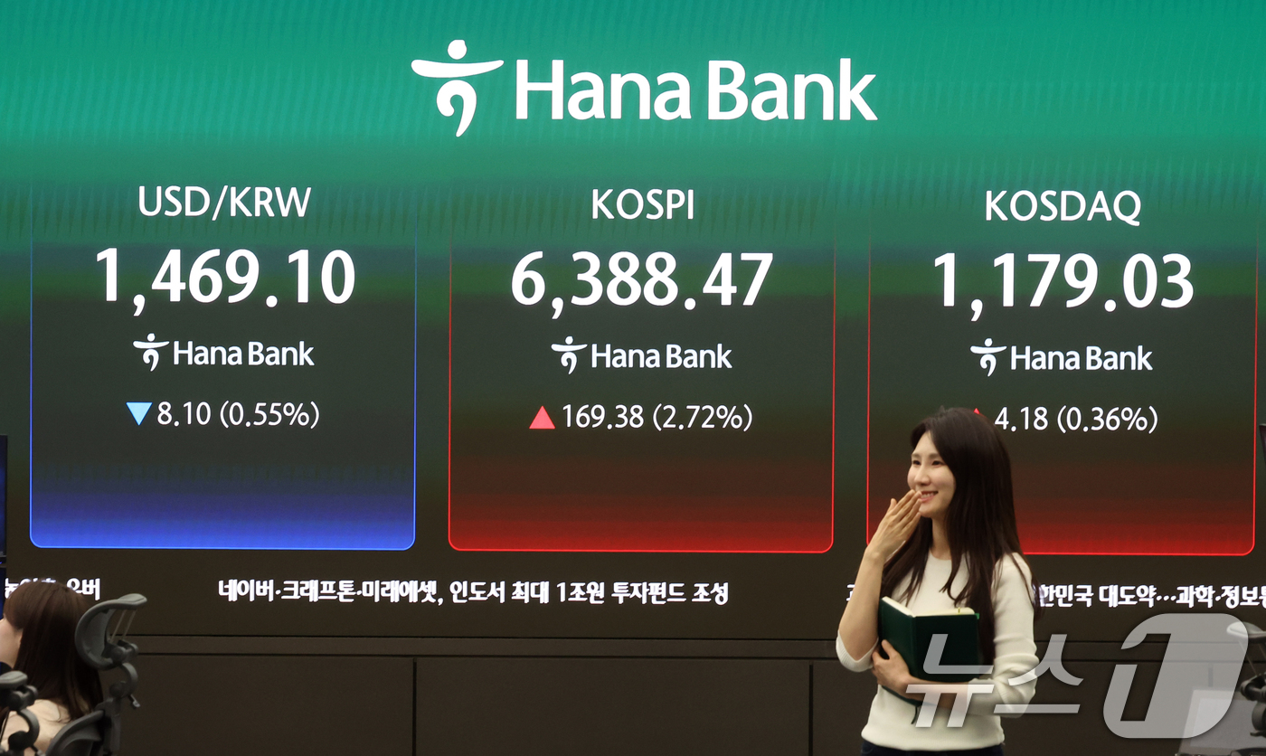 (서울=뉴스1) 황기선 기자 = 코스피 종가가 사상 최고치를 경신한 21일 오후 서울 중구 하나은행 딜링룸 현황판에 종가가 표시되고 있다.이날 코스피는 전 거래일 대비 169.38 …