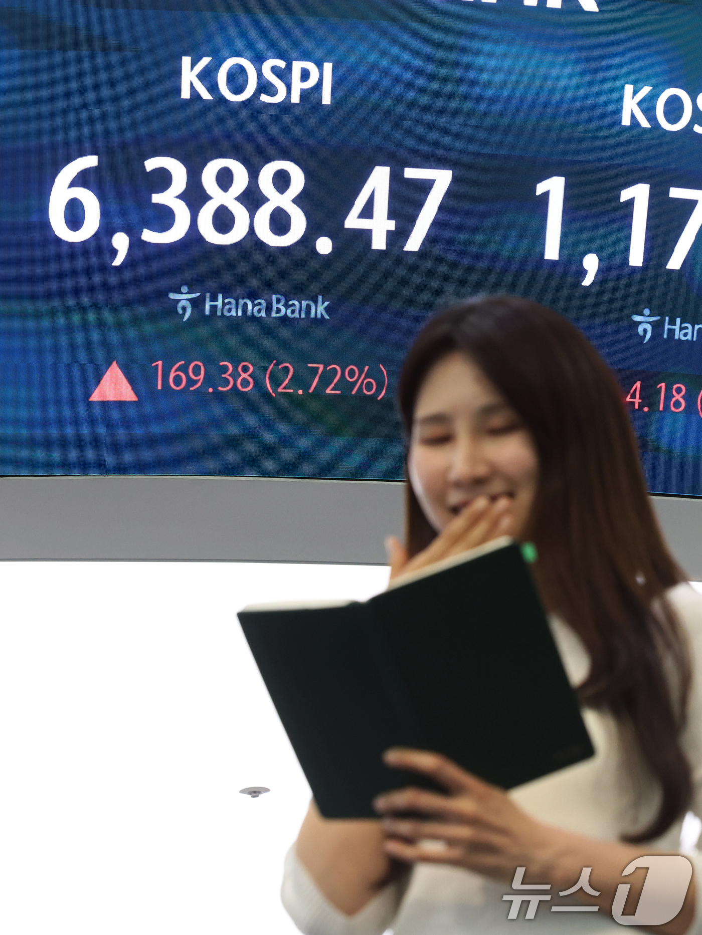 (서울=뉴스1) 황기선 기자 = 코스피 종가가 사상 최고치를 경신한 21일 오후 서울 중구 하나은행 딜링룸 현황판에 종가가 표시되고 있다.이날 코스피는 전 거래일 대비 169.38 …