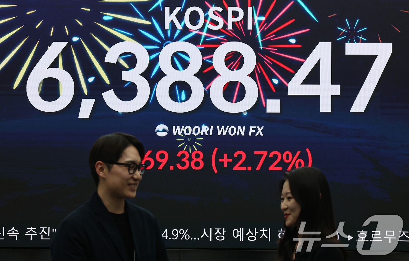 (서울=뉴스1) 김도우 기자 = 코스피 지수가 종가 기준 사상 최고치를 경신한 21일 오후 서울 중구 우리은행 본점 딜링룸 전광판에 코스피 지수 등 종가가 표시되고 있다.이날 코스 …