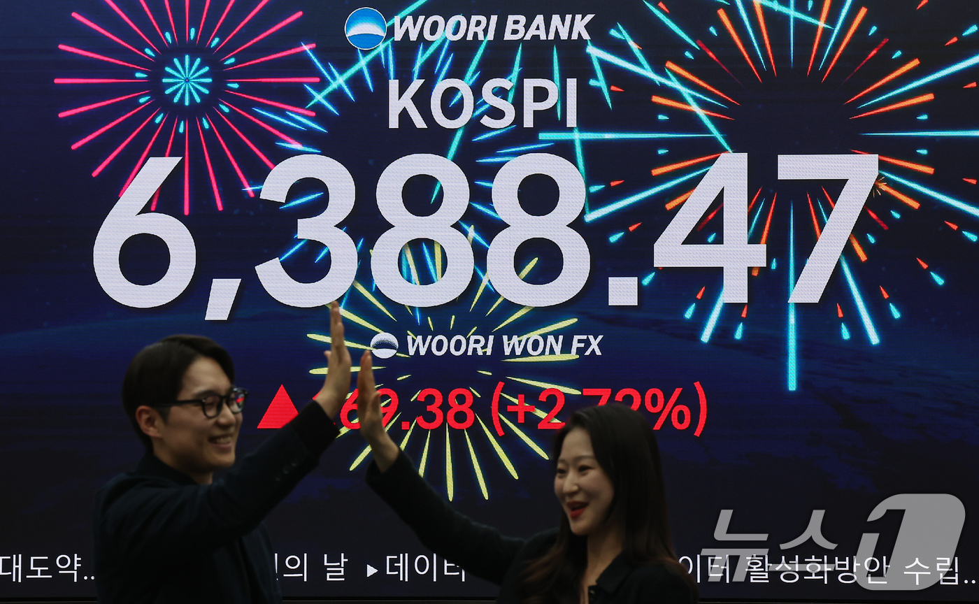 (서울=뉴스1) 김도우 기자 = 코스피 지수가 종가 기준 사상 최고치를 경신한 21일 오후 서울 중구 우리은행 본점 딜링룸 전광판에 코스피 지수 등 종가가 표시되고 있다.이날 코스 …