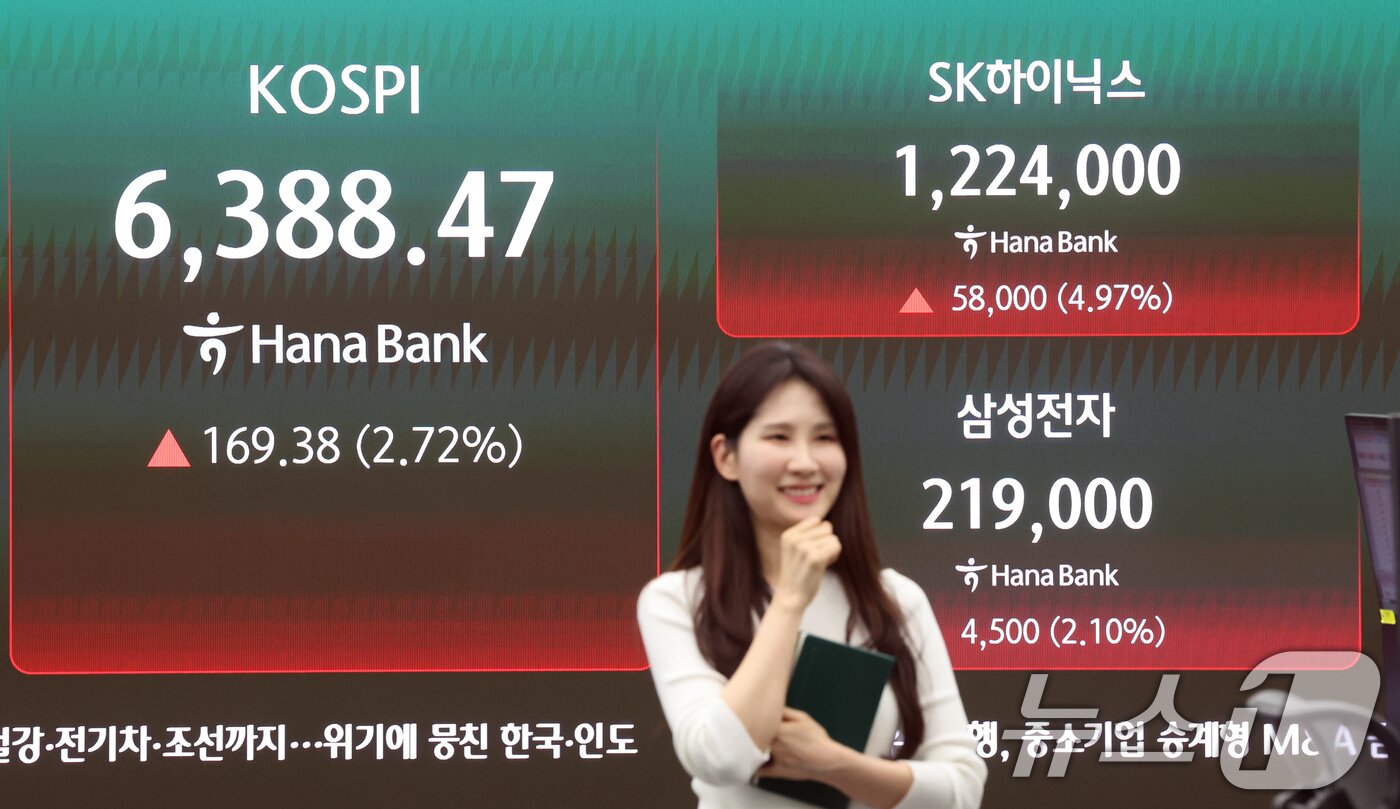 본문 이미지 - 코스피 종가가 사상 최고치를 경신한 21일 오후 서울 중구 하나은행 본점 딜링룸 현황판에 코시피 종가가 표시되고 있다. 2026.4.21 ⓒ 뉴스1 황기선 기자