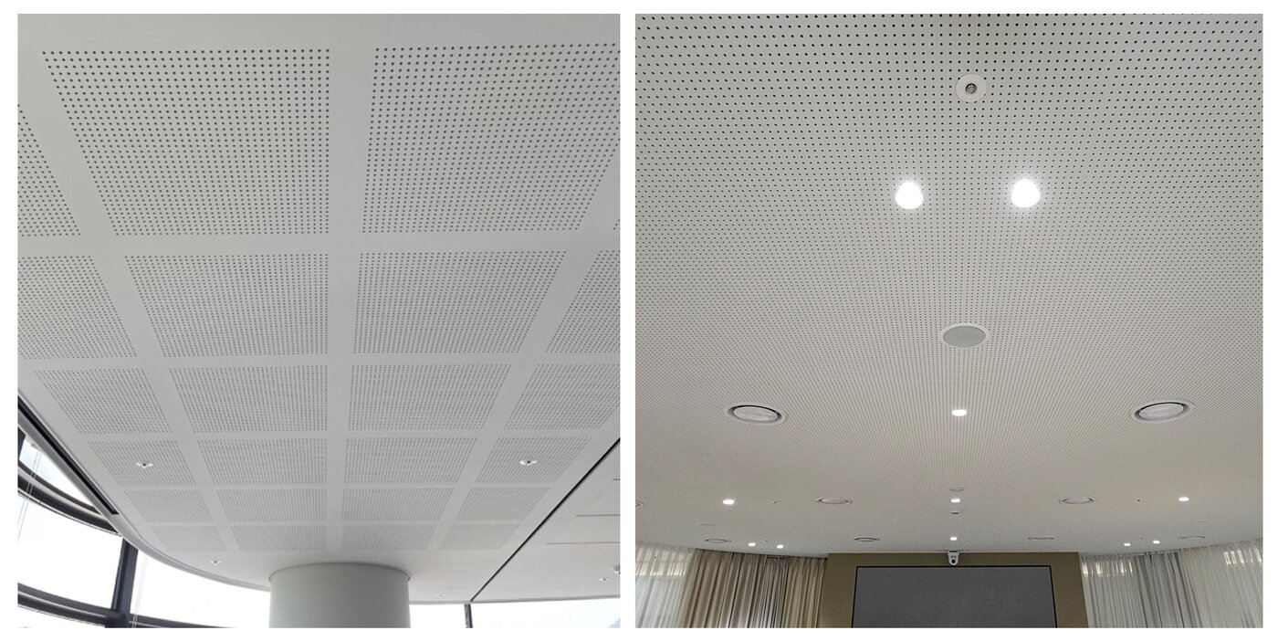 본문 이미지 - 현장에 적용된 KCC 유공 흡음 석고보드 이미지(좌 사운드윈·우 사운드윈 제로)(KCC 제공)