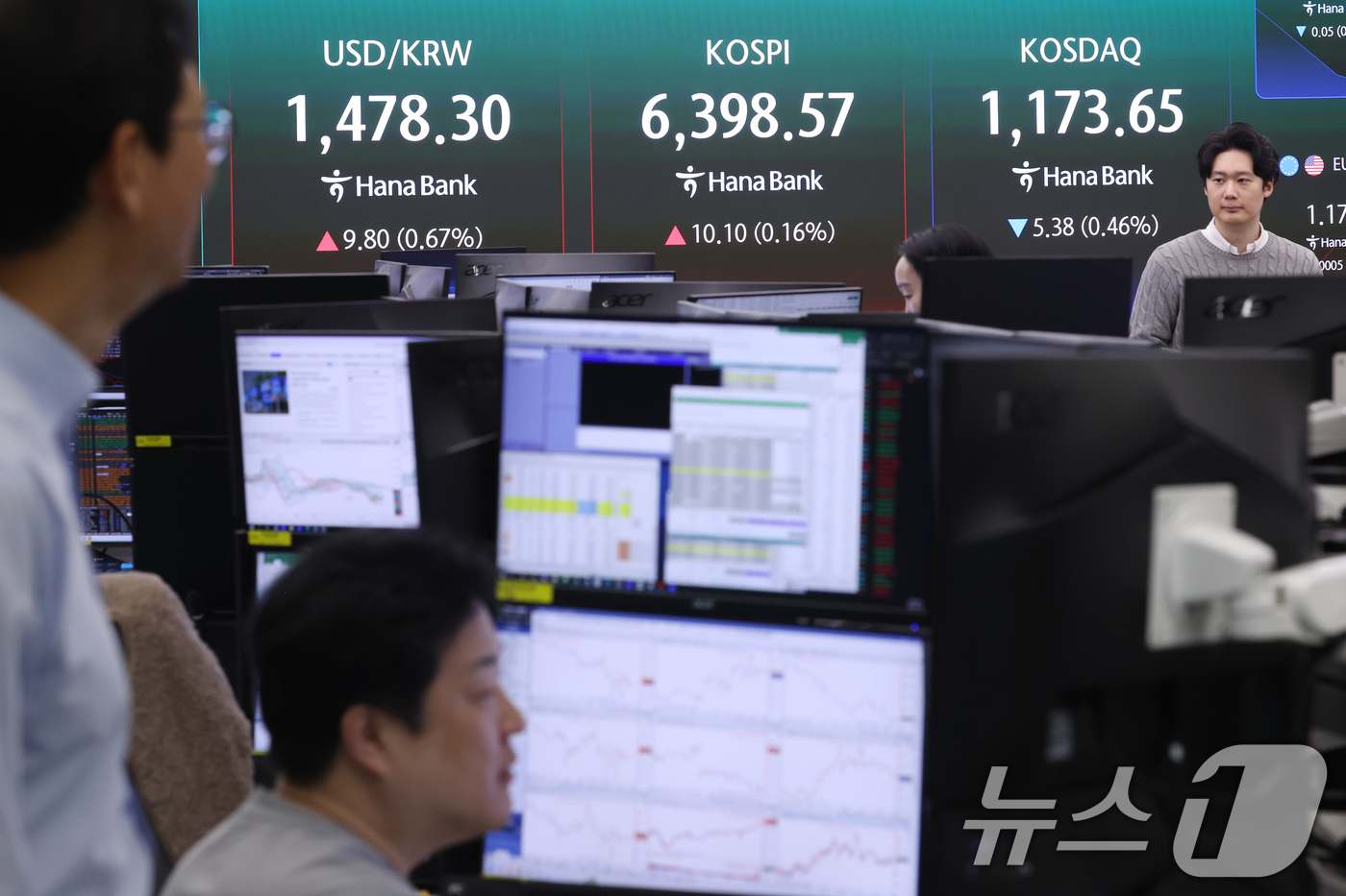 (서울=뉴스1) 조연우 인턴기자 = 22일 오전 서울 중구 하나은행 딜링룸에 개장 시황이 나오고 있다. 이날 코스피는 전일 대비 0.90p(0.01%) 내린 6387.57, 코스닥 …