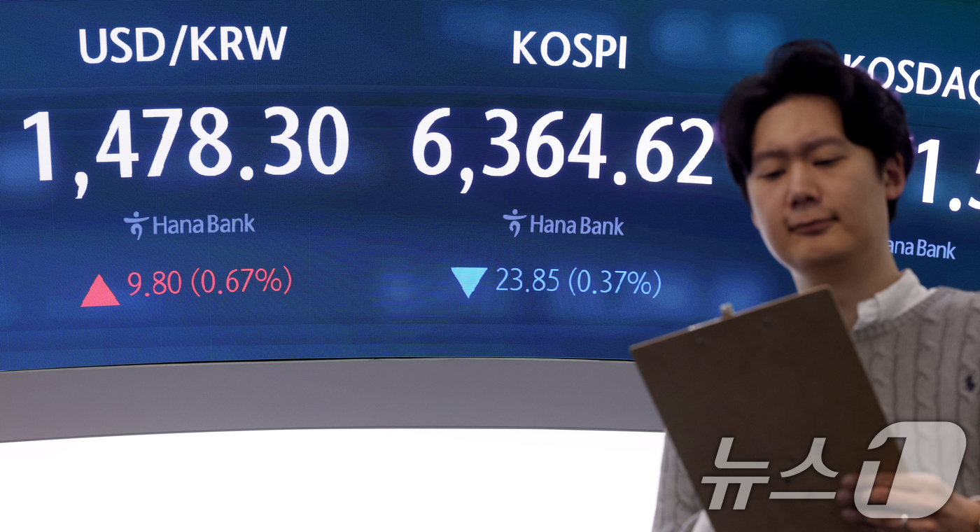 (서울=뉴스1) 조연우 인턴기자 = 22일 오전 서울 중구 하나은행 딜링룸에 개장 시황이 나오고 있다. 이날 코스피는 전일 대비 0.90p(0.01%) 내린 6387.57, 코스닥 …