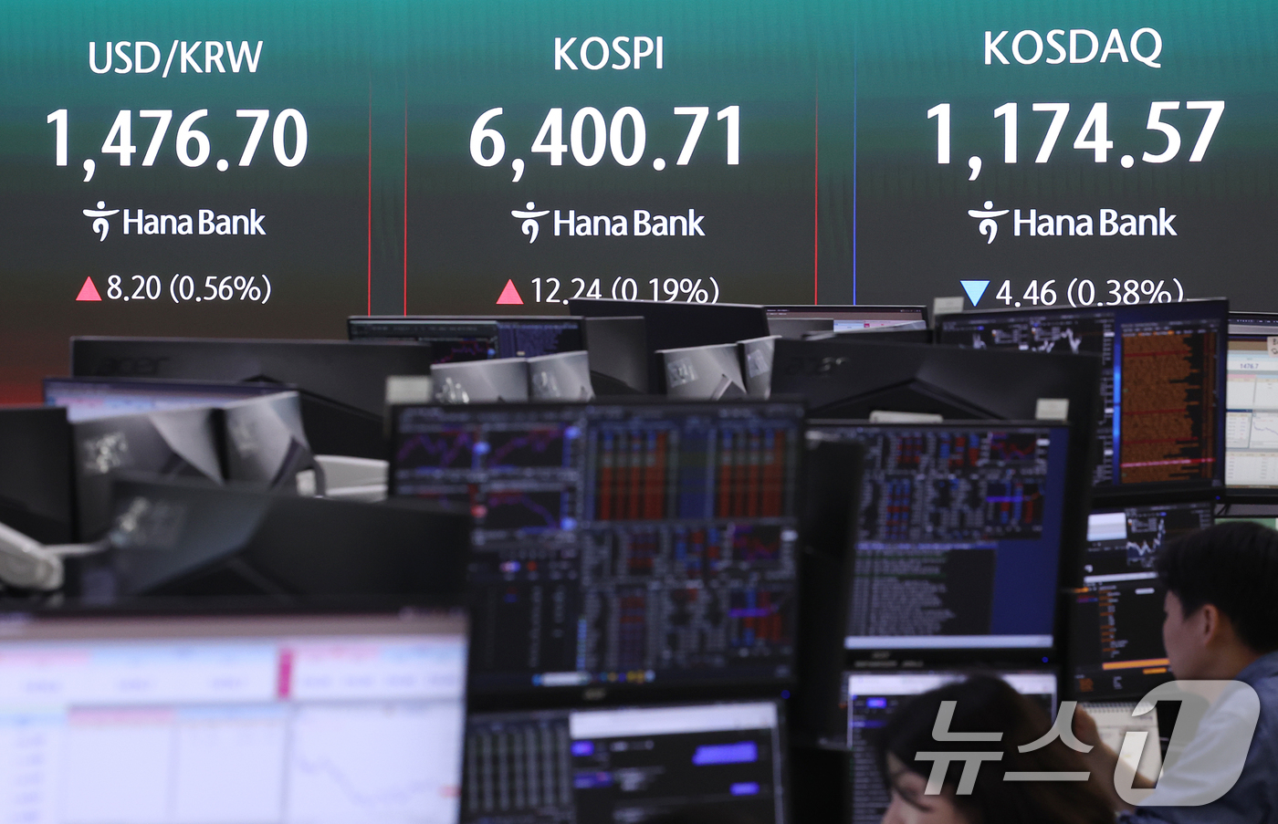 (서울=뉴스1) 조연우 인턴기자 = 22일 오전 서울 중구 하나은행 딜링룸에 개장 시황이 나오고 있다. 이날 코스피는 전일 대비 0.90p(0.01%) 내린 6387.57, 코스닥 …