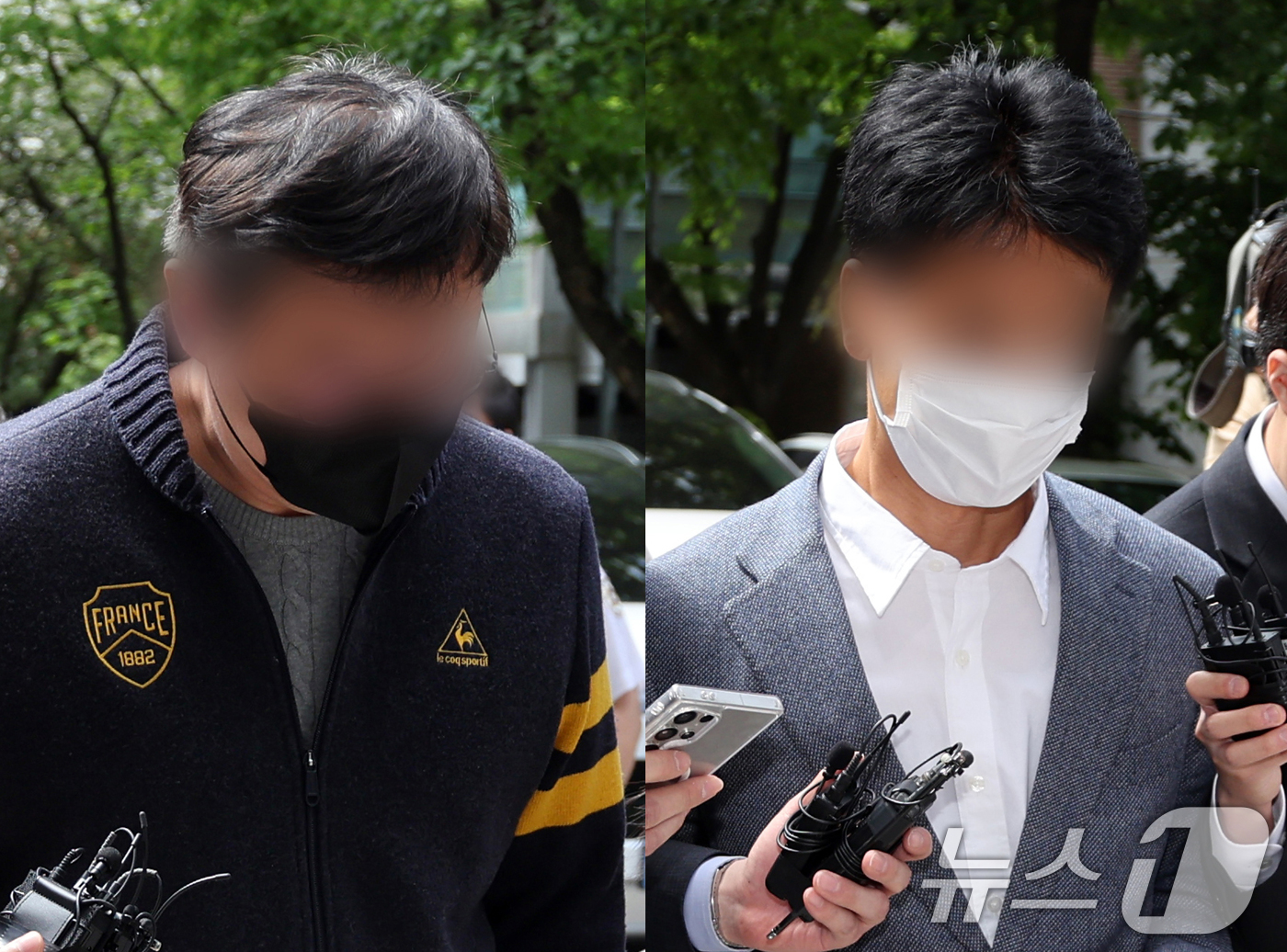 (서울=뉴스1) 황기선 기자 = 인플루언서인 아내의 사기 사건을 무마하기 위해 경찰에 향응·청탁을 제공한 혐의를 받는 재력가 이 모씨(왼쪽)와 이를 대가로 사건을 무마해 준 혐의를 …