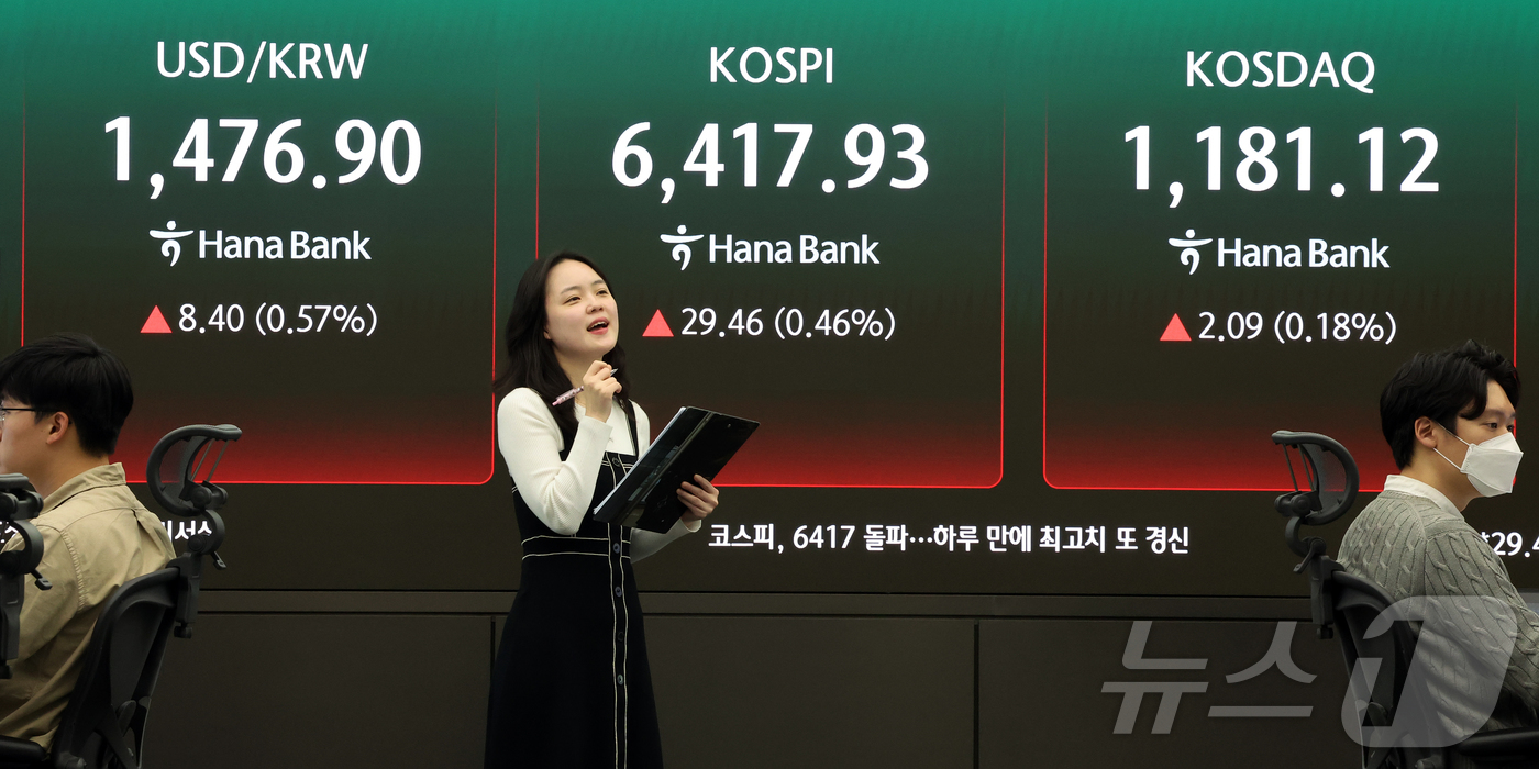 (서울=뉴스1) 김진환 기자 = 22일 오후 서울 중구 하나은행 딜링룸 전광판에 코스피지수 증시 종가 시황이 나타나고 있다. 이날 코스피 지수는 전거래일 대비 29.46(0.46% …