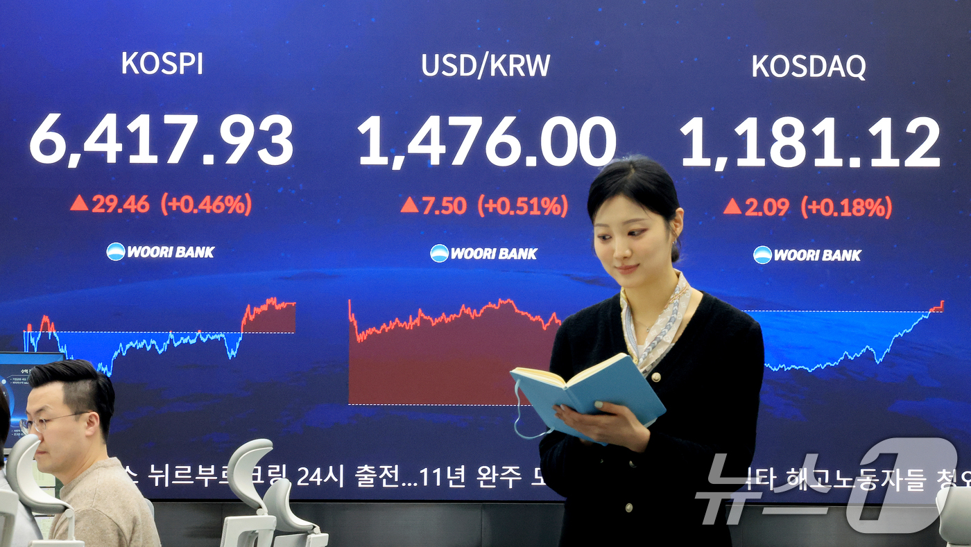 (서울=뉴스1) 이호윤 기자 = 코스피 지수가 연일 사상 최고치를 경신한 22일 서울 중구 우리은행 본점 딜링룸 전광판에 종가가 표시되고 있다. 이날 코스피 지수는 전거래일 대비 …