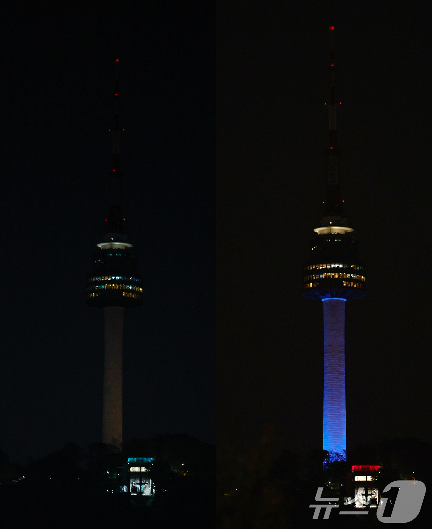 (서울=뉴스1) 안은나 기자 = 제56회 지구의 날을 맞아 22일 저녁 서울 남산 N서울타워가 소등행사에 참여, 오후 8시부터 10분간 불이 꺼져 있다(왼쪽)가 켜졌다(오른쪽). …