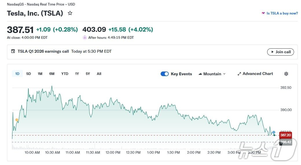 본문 이미지 - 테슬라 일일 주가 추이 - 야후 파이낸스 갈무리