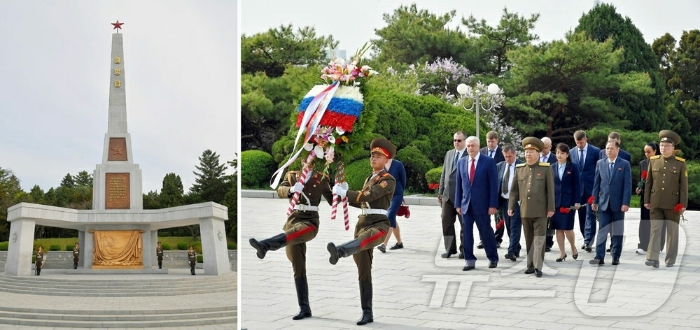 (평양 노동신문=뉴스1) = 북한 노동당 기관지 노동신문은 23일 러시아 내무장관이 이끄는 대표단이 평양 해방탑에 화환을 헌화하고 항일 무장투쟁 때 참전한 소련군 전사들을 추모했다 …