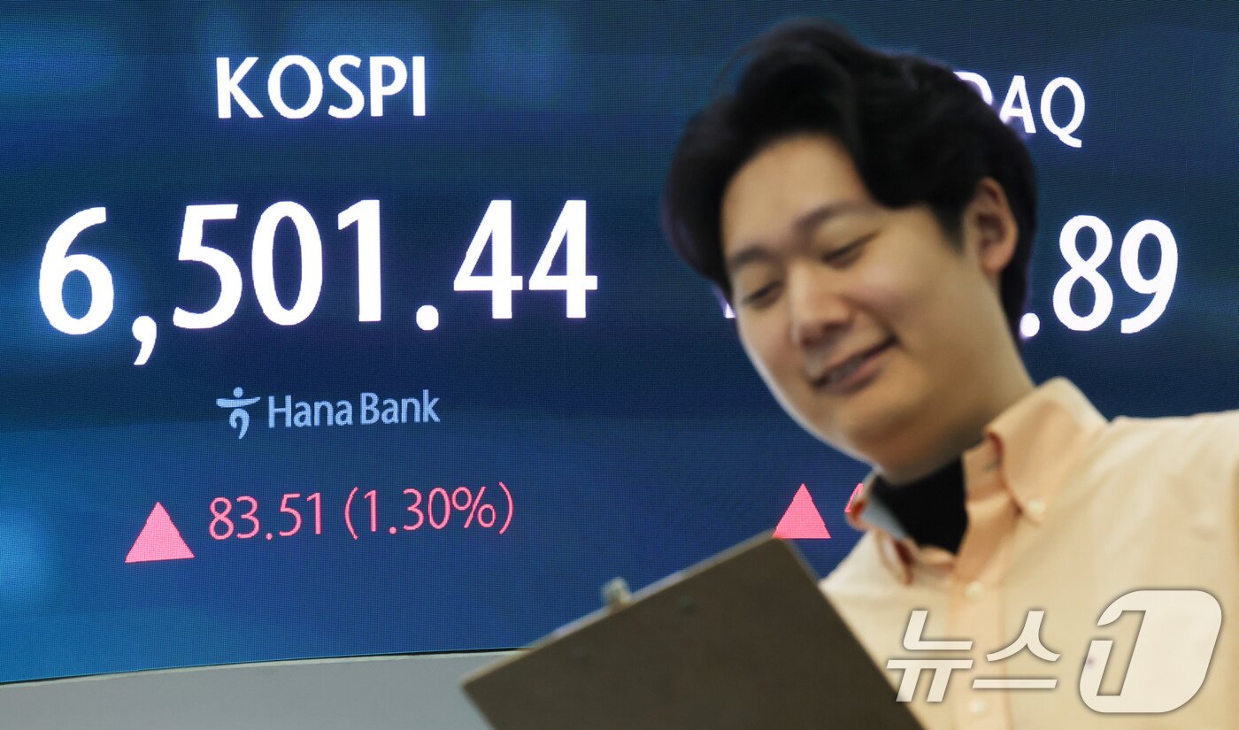 본문 이미지 - 코스피가 연일 최고치를 경신하며 상승 출발한 23일 오전 서울 중구 하나은행 딜링룸 전광판에 코스피 지수가 표시되고 있다. 이날 코스피는 전 거래일 대비 70.90포인트(1.10%) 상승한 6488.83에 개장했다. 2026.4.23 ⓒ 뉴스1 임지훈 인턴기자