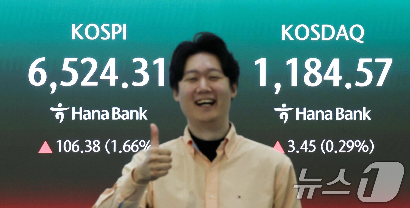본문 이미지 - 코스피가 연일 최고치를 경신하며 상승 출발한 23일 오전 서울 중구 하나은행 딜링룸 전광판에 코스피와 코스닥 지수가 표시되고 있다. 이날 코스피는 전 거래일 대비 70.90포인트(1.10%) 상승한 6488.83에, 코스닥은 7.98포인트(0.68%) 상승한 1189.1로 개장했다. 2026.4.23 ⓒ 뉴스1 임지훈 인턴기자