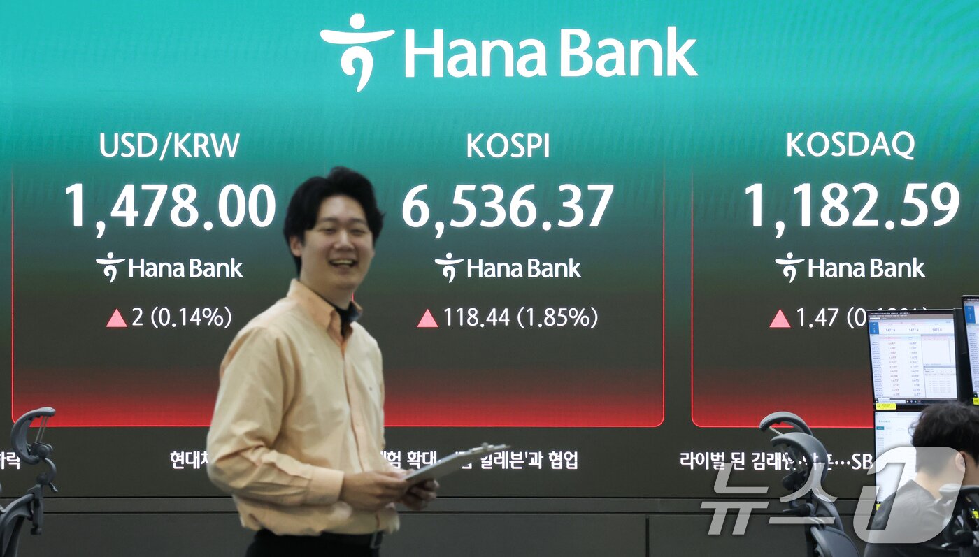 본문 이미지 - 코스피가 연일 최고치를 경신하며 상승 출발한 23일 오전 서울 중구 하나은행 딜링룸 전광판에 코스피와 코스닥 지수 등이 표시되고 있다. 이날 코스피는 전 거래일 대비 70.90포인트(1.10%) 상승한 6488.83에, 코스닥은 7.98포인트(0.68%) 상승한 1189.1로 개장했다. 2026.4.23 ⓒ 뉴스1 임지훈 인턴기자